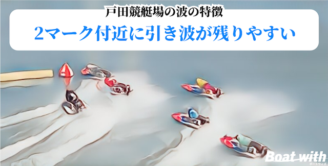 戸田競艇場では2マークに引き波が残りやすくミスが起きがちであることを紹介する画像