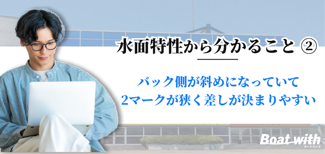 平和島競艇ではバック側が斜めになっていて2マークが狭く差しが決まりやすいことを紹介する画像