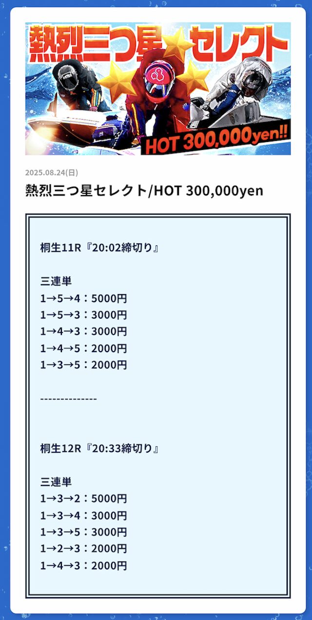 熱烈三つ星セレクト/HOT300,000yenの予想
