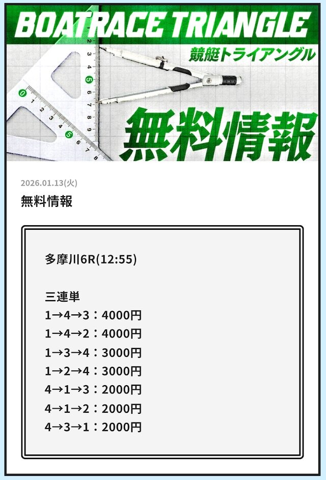 2026年1月13日多摩川競艇6Rの予想