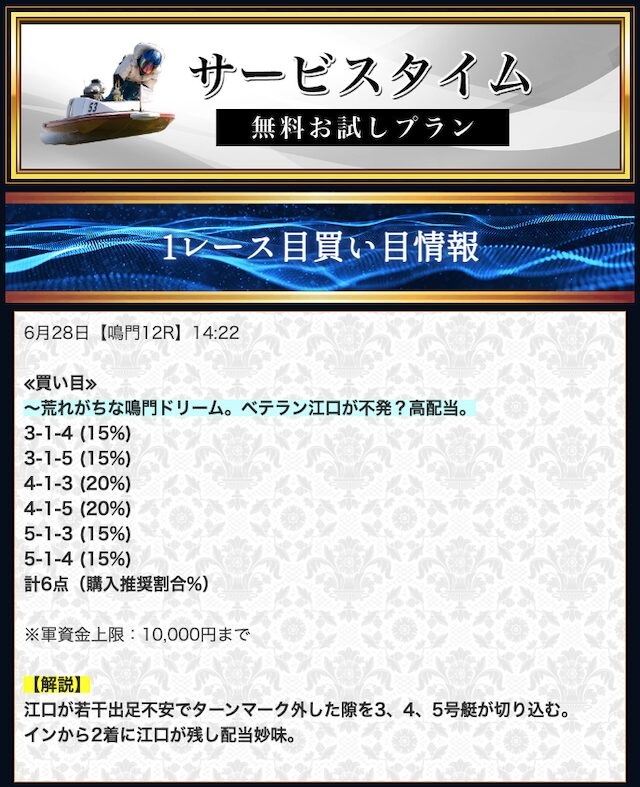 2023年6月28日鳴門競艇12Rの予想